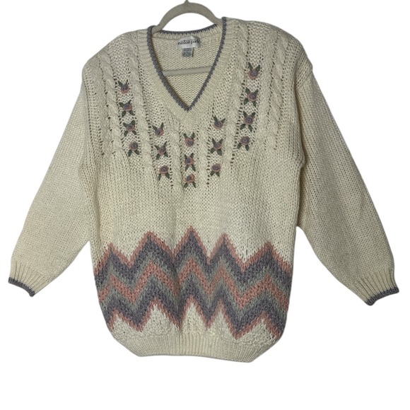 easton park Sweaters - Easton Park Sweater‎ Womens Large Embroidered Flowers Chunky Knit Cottagecore